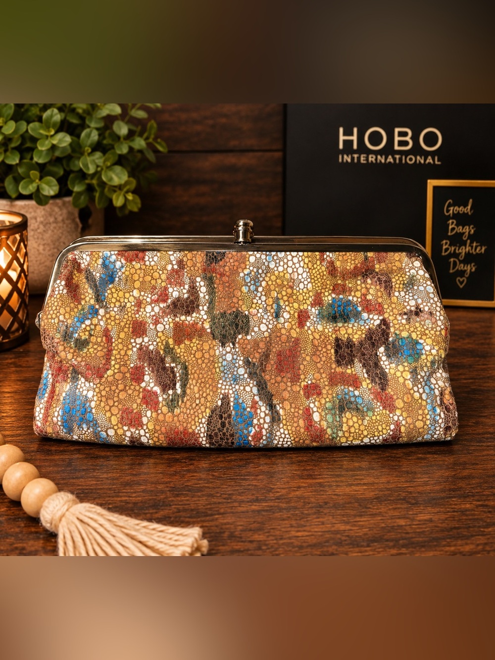 HOBO International Multicolor Leather Frame Clutch Wallet Abstract Mosaic